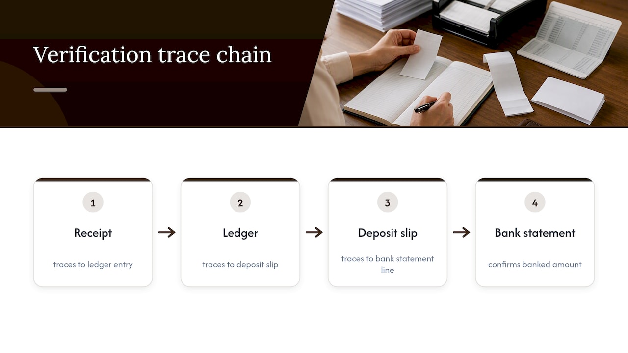 Receipt ledger deposit slip bank statement verification chain