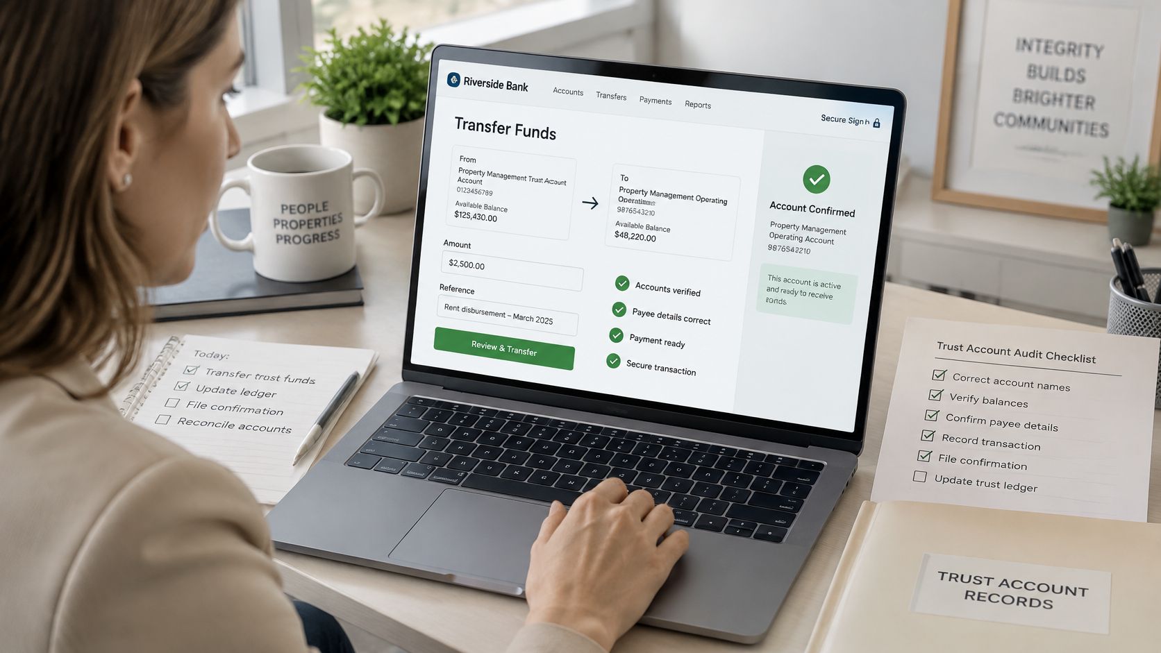 A professional woman uses a laptop to initiate an online bank transfer for property management account records.