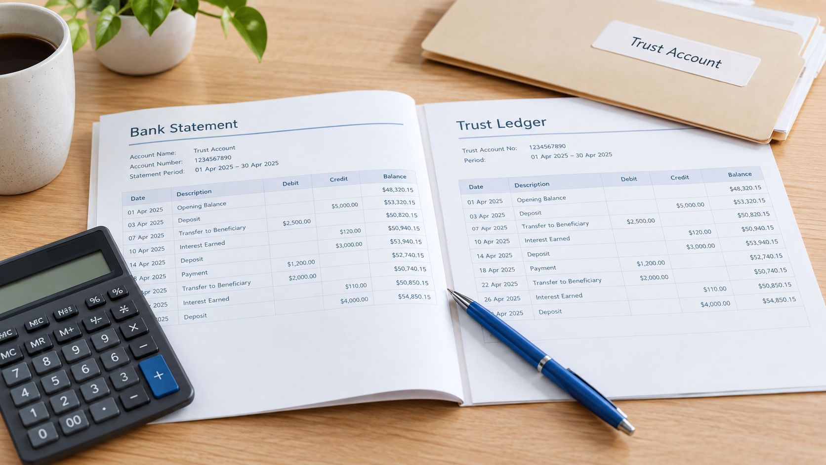 A bank statement and trust ledger on a wooden desk with a calculator and blue pen.