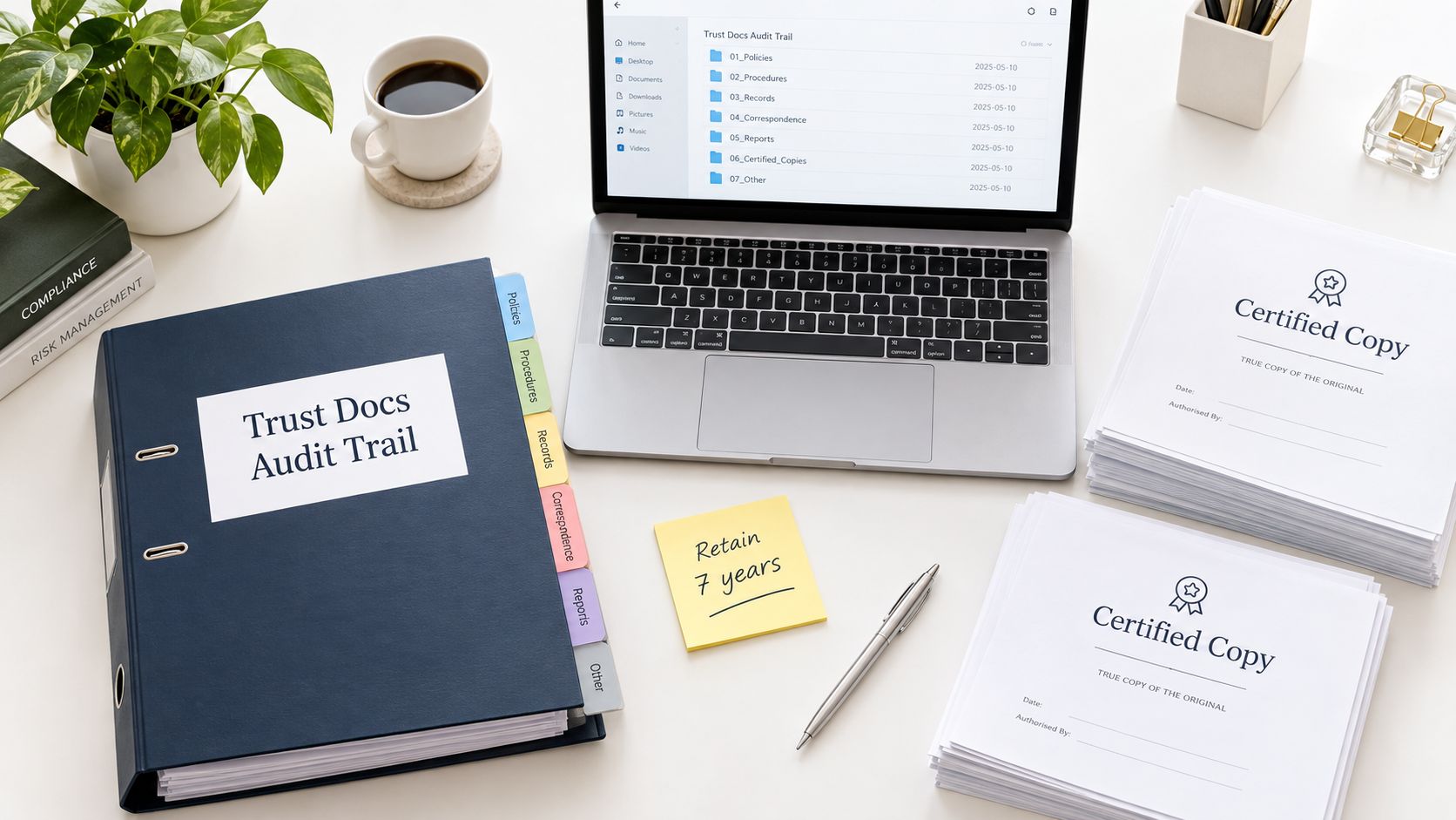 A professional desk setup featuring a laptop with file folders, a binder, stacks of certified copy documents.