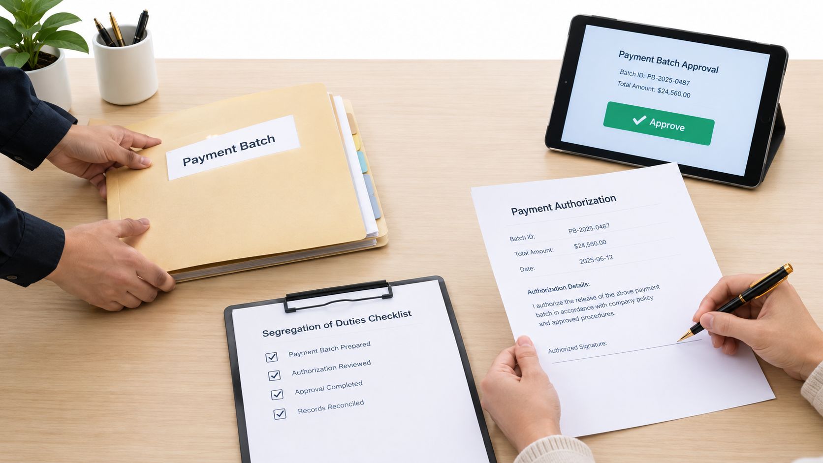 Hands organizing a payment batch folder and signing an authorization document next to a digital approval screen.