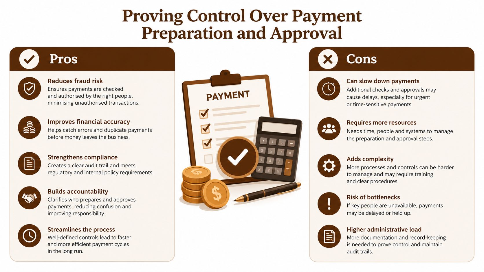 An infographic comparing the pros and cons of implementing control over payment preparation and approval processes.
