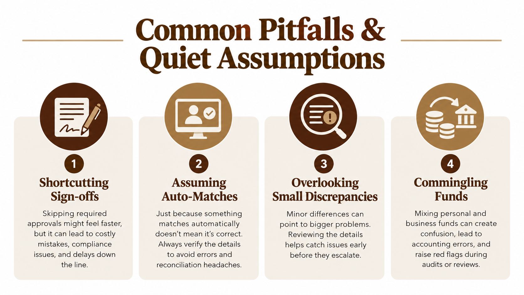 An infographic detailing four common business accounting pitfalls like shortcutting sign-offs and commingling funds.