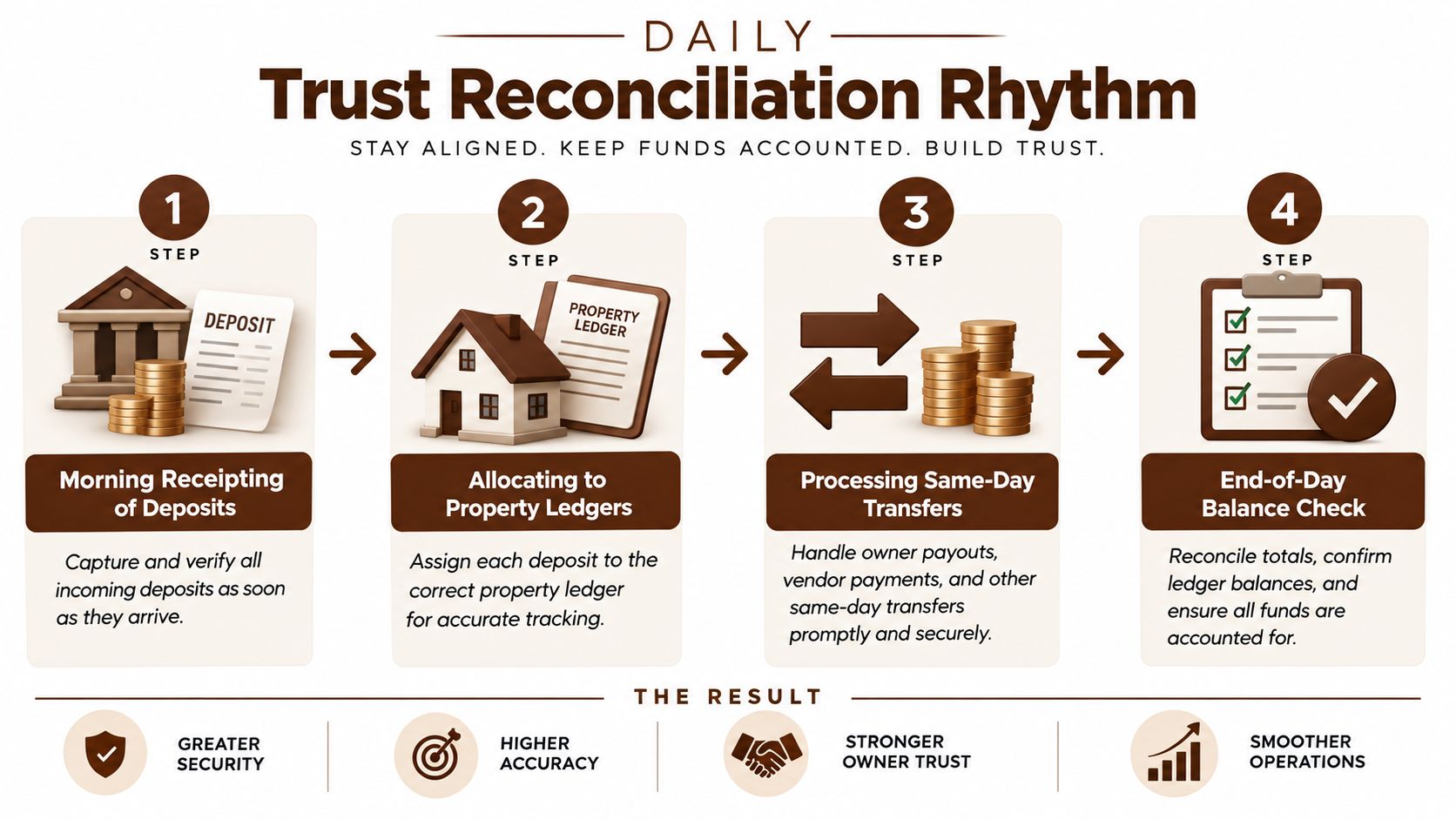 A four-step infographic showing the daily trust reconciliation rhythm process for property management financial accounting.