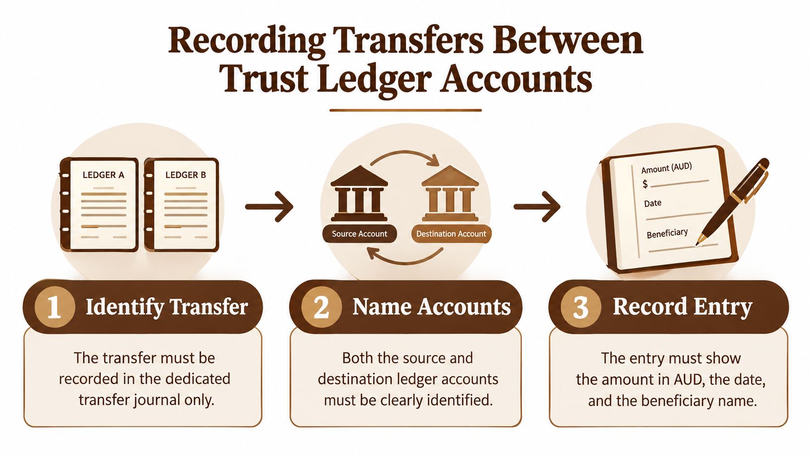 An infographic showing three steps to record transfers between trust ledger accounts using journals and ledgers.