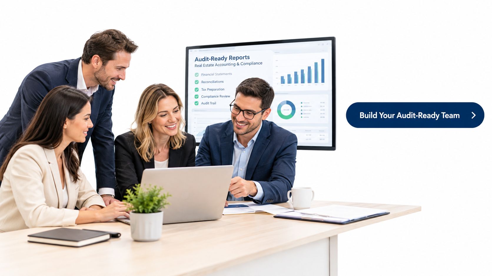 A professional team of business people reviewing audit-ready financial reports and real estate accounting data on a screen.