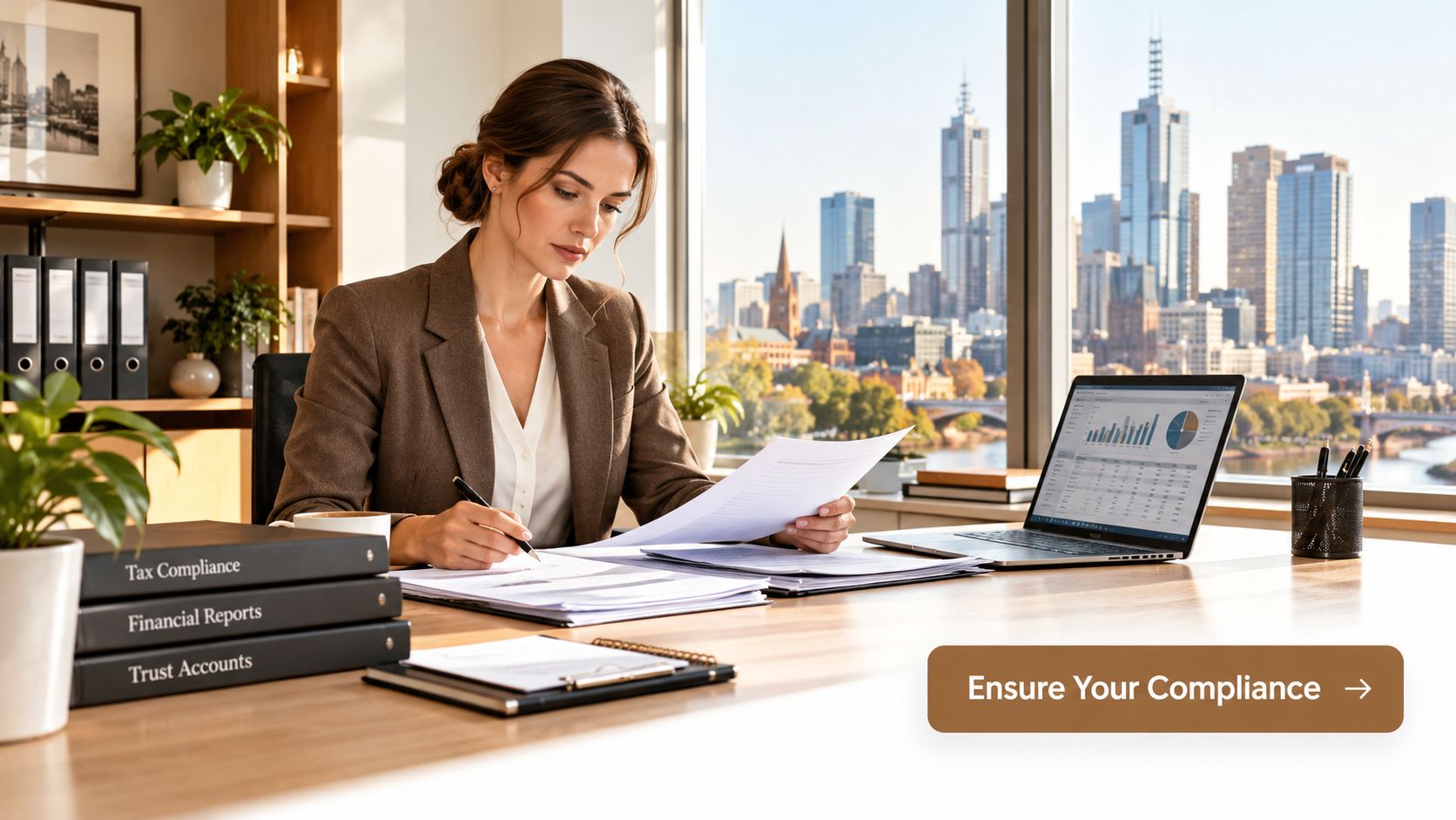 A professional accountant reviews trust account documents in a modern office overlooking the Melbourne city skyline.