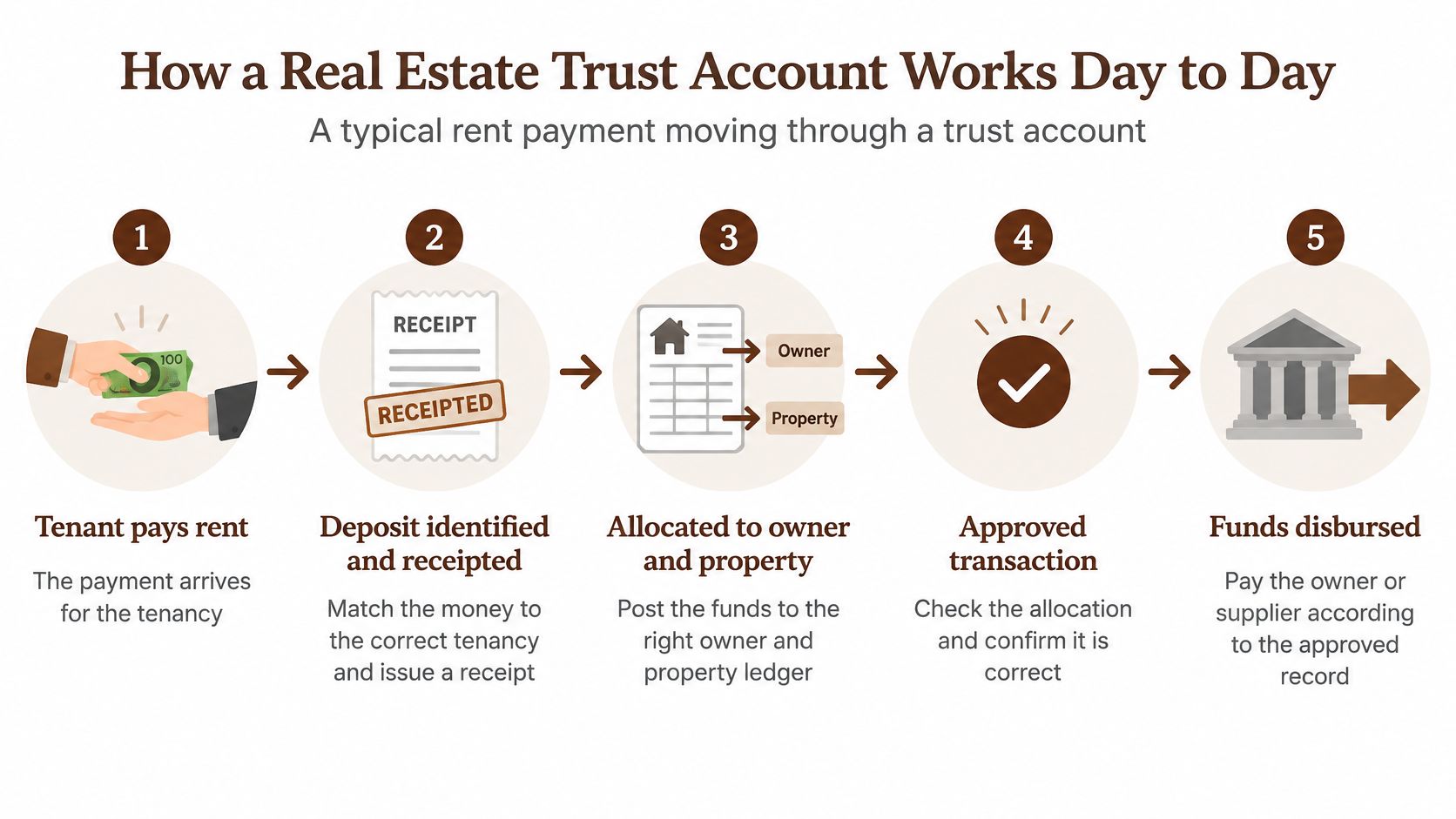 A five-step infographic showing how rent payments are processed through a real estate trust account.